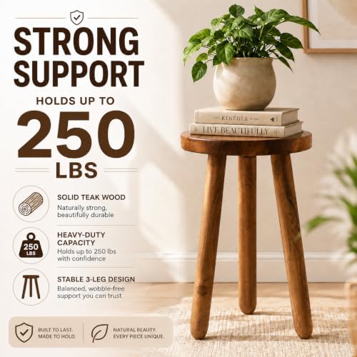 Teak Wood Plant Stand, 18" Round Side Table, Wood Accent Table - Image 5