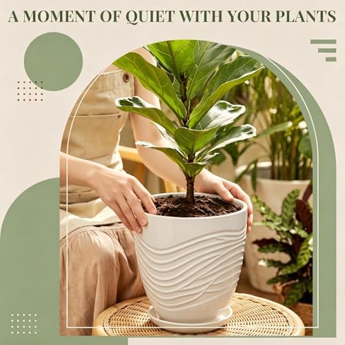 11.8 Inch Modern Ceramic Plant Pot with Saucer, Flower Pot with Drainage Hole Mesh Net,Indoor Outdoor Planter (White) - Image 5