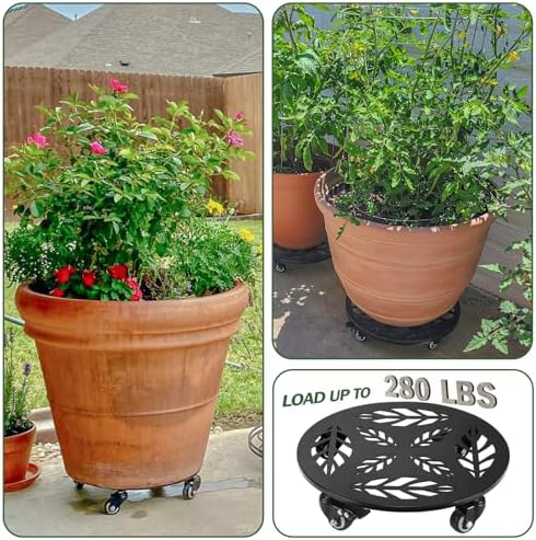 Planterhoma 2 Packs 14 Inch Rolling Plant Stand with Wheels Metal Plant Caddy with Wheels Heavy Duty Plant Rollers with Metal Wheels Round Wrought Iron Plant Stand with Clear Saucers, Glossy Black - Image 5