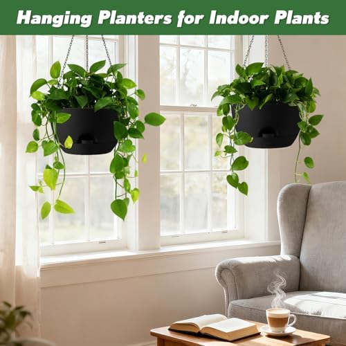 3-Piece Set of 10-Inch Hanging Planters with Automatic Watering System and Drip Tray, Includes Metal Chain, Suitable for Various Indoor and Outdoor Plants and Flowers,Pure Black - Image 4