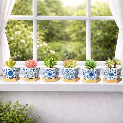 Succulent Pots, 3.7" Small Plant Pots with Drainage Tray, 6 Pack Small Planters for Indoor Plants, Ceramic Flower Pots for Cactus, Mini Succulents, Home Decor, Vintage Blue - Image 6