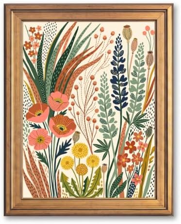 Framed Canvas Wall Art Bohemian Gouache Desert Wildflowers Coral and Green Botanical Canvas Print Poster Gold Frame Wall Decor for Living Room Boho Home Decor, Floral Print - Inch 24x36 by Unknown