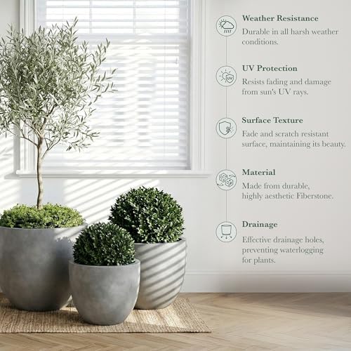 DTY Mount Belford 11.8'' D x 9.6'' H (Pot Opening 10.6") Fiberstone Egg Shaped Planter with Drainage Hole, Smooth Finishes, Weather Resistant for Indoor and Outdoor, 2 Extra Coco Mats - Small, Gray - Image 2