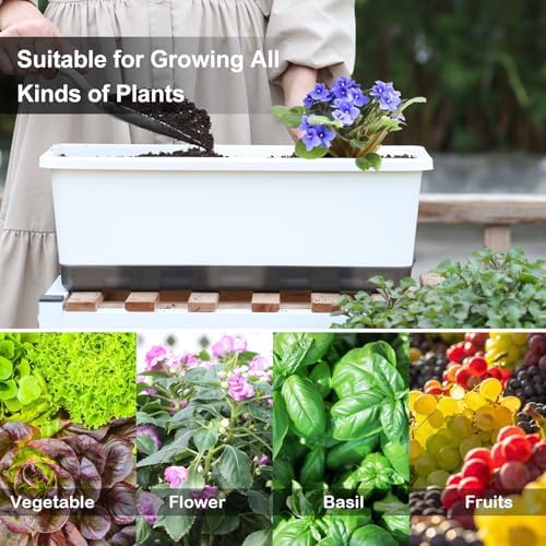 Oliz Window Box Planter 8 Pcs, 17 Inches Rectangle Flower Pots with Drainage Holes & Trays, Vegetable Planters for Windowsill Patio Garden Balcony Home Indoor Outdoor (White, 16 * 7 * 6 inch) - Image 4