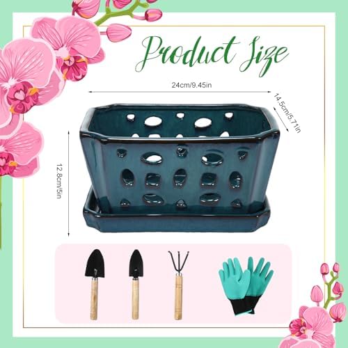 Teenyyou 9.5" Orchid Pot Ceramic with Hole Saucer for Repotting, Blue - Image 2