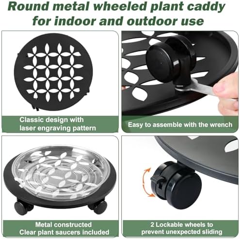 3 Packs 12" Large Metal Plant Caddy with Wheels Heavy-duty Plant Dolly Pot Mover Rollers Rolling Plant Stands Indoor Outdoor Wheeled Plant Holder Coaster Trolley, Black - Image 2