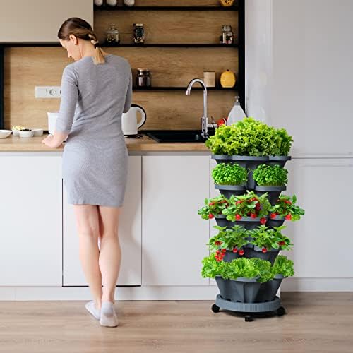 Strawberry Vertical Planters Tower Garden 3 Pack, 7 Tiered Stacking Herb Vegetable Planter with Support Pole Indoor and Outdoor - Dark Grey - Image 6