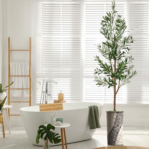Artificial Tree in Geometric Pattern Planter, Fake Olive Silk Tree for Indoor and Outdoor Home Decoration - 68" Overall Tall (Plant Pot Plus Tree) - Image 7