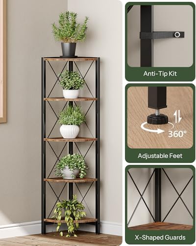 CHOEZON 5-Tier Corner Shelf, Corner Bookcase, 55.2" Tall Vertical Display Rack, Plant Stand, Open Storage Shelf, for Living Room, Bedroom, Study, Kitchen, Rustic Brown and Black TCJ12BF - Image 4