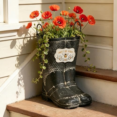 Vintage Metal Boot Planters Rustic Farmhouse Flower Pots Outdoor Decorative Boot Plants Buckets for Wedding, Garden, Home, Patio Decor (Black#2) - Image 6