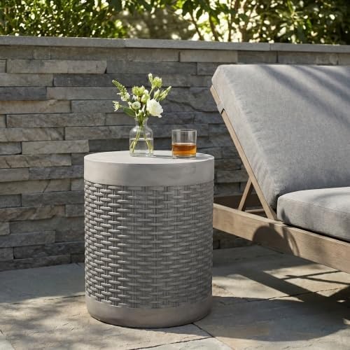 ø15.75'' Concrete Side Table End Table for Outdoor & Living Room, Modern Round Circle Style, Durable and Lightweight, Cement & MGO Material, No Assembly, Light Gray by JJKFurniture-kevinplus