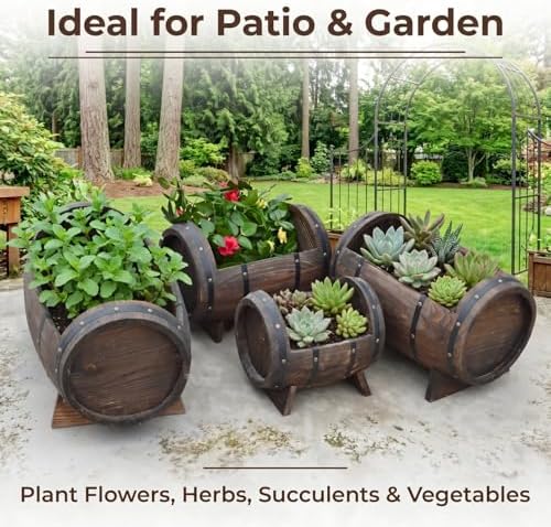 Whiskey Barrel Planter Wooden Barrel Planter for Indoor & Outdoor Use Patio Lawn Garden Balcony with Drainage Hole Rustic Decorative Plant Container (15.7×11.8×10.6in/40×30×27cm) - Image 5