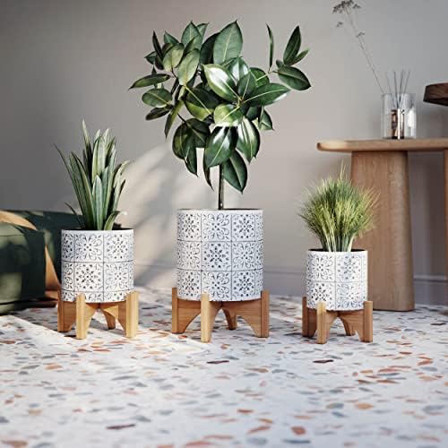 EverNest Tristan Boho Chic White and Black Embellished Patterned Modern Planter, Bohemian Style, Planter with Arch Wood Stand, Indoor Home Decor Plant Holder (Small, 1 Gallon) - Image 6