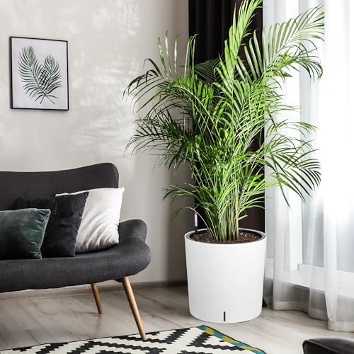 Takywep Set of 2 Large Round Planters – 19.5" Tall Self Watering Plant Pots with Drainage & Water Level Indicator, Indoor Outdoor Planters with Wheels-White - Image 3