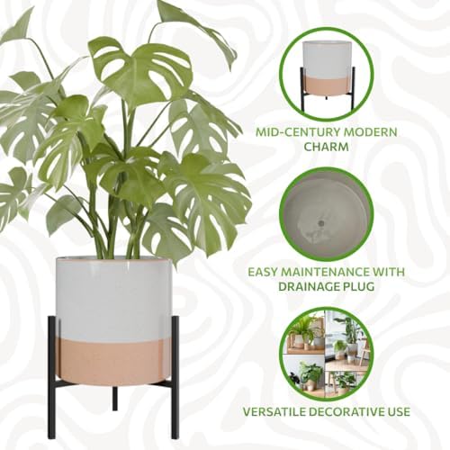 23 Bees Mid-Century Modern Ceramic Planter with Plant Stand Indoor Decorative Plant Pot with Stand in Earthy Beige and White Glaze, Black Metal Stand (Large 16 inch plant pot, Three sizes) (Small) - Image 4