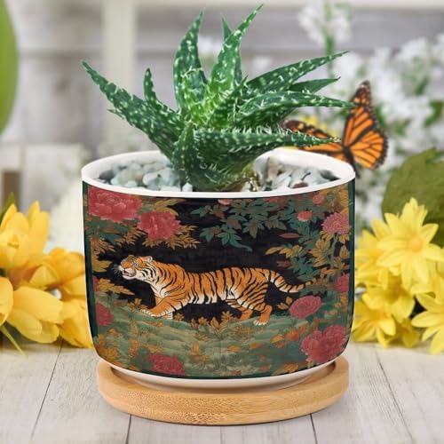 Chinoiserie Tiger Ceramic Planters Green and Turquoise Tiger Stripe Planters for Indoor Plants with Drainage Holes and Saucers Pot for Pots Outdoor Indoor Plants - Image 6