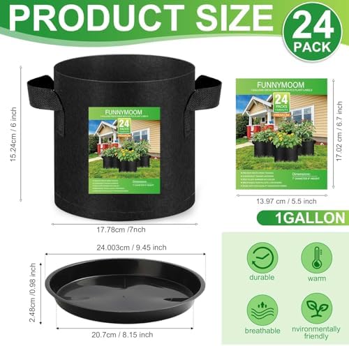 Funnymoom 24 Sets 1 Gallon Grow Bag with Plant Saucers for Indoor Outdoor - Image 2
