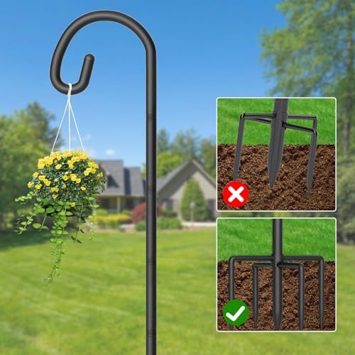 Shepherds Hook for Bird Feeder, 92" Heavy Duty Bird Feeder Pole with 5-Prong Base, Extra Thick Metal Shepherd Hook for Outdoor Hanging Plant Basket, Hummingbird Feeder, Solar Lantern, Black, 2 Pack - Image 5