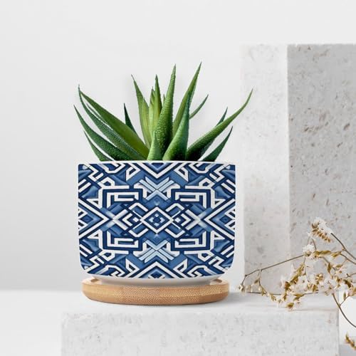 Lacefield Print Geometric Blue Ceramic Planters Chinoiserie Grandmillenial Trail Planters for Outdoor Plants with Drainage Holes and Saucers Pot for Home Office Desk Garden - Image 7
