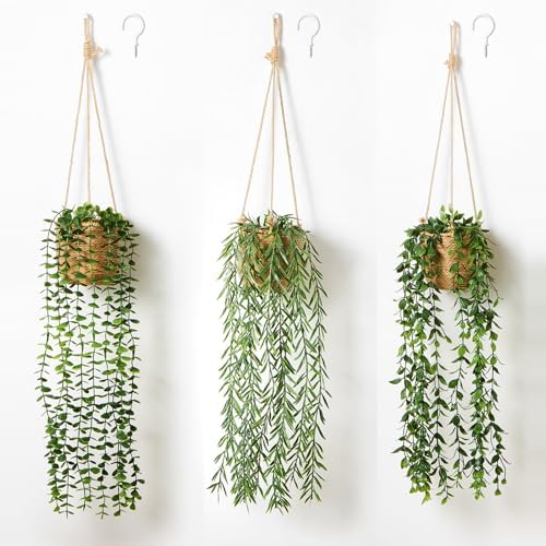 3 Pack Artificial Hanging Plants with Pot in Baskets for Wall Decor by Mokof