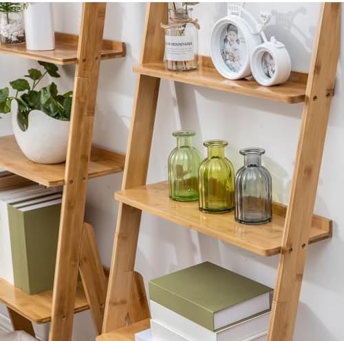 Maydear Bamboo Ladder Shelf Bookcase, 4-Tier Leaning Bookshelf Free Standing Organizer Storage Shelves for Living Room, Bedroom, Kitchen, Home Office, Balcony, Wood Color - Image 6