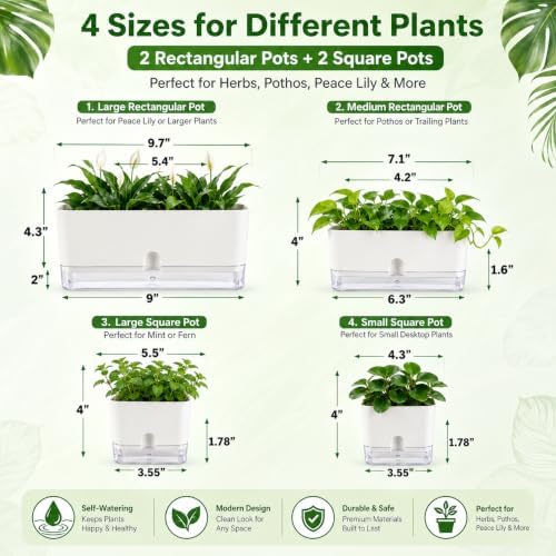 Planterhoma Self Watering Plant Pots for Indoor Plants 10 inch, 3 Packs Rectangle Self-Watering Planters with Drainage Hole, White African Violet Pots for Devil's Ivy, Spider Plant, Orchid, Herb - Image 4