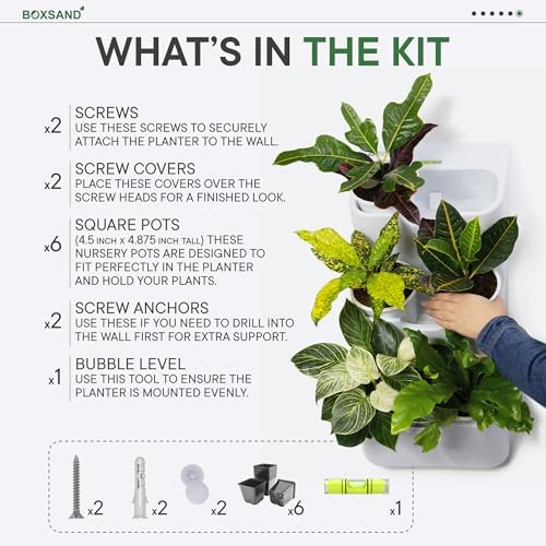 BOXSAND-6 (12"x26") Vertical Wall Planter – Living Wall for 6 Plants, Indoor/Outdoor Hanging Vertical Garden, Easy 2-Screw Install (White with Round Pots) - Image 7