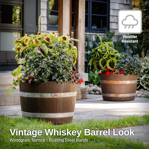 RTS Home Accents Better Barrel 18-Inch Outdoor Planter, Walnut – Rustic Whiskey Barrel Style Heavy-Duty Resin Pot with Rusting Steel Bands for Patio, Porch & Garden - Image 6
