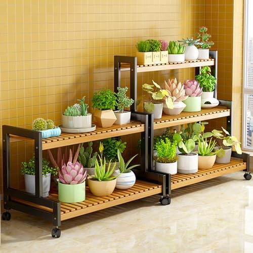 Plant Stand, Bamboo Ladder Shelf Display Shelf, Multi-Tier Planter Holder with wheel for Home Garden Patio Balcony Indoor Outdoor Use,120*40*65cm - Image 7