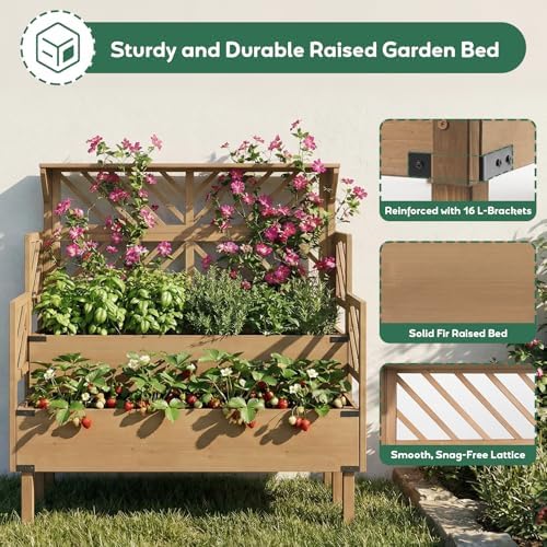 PetsCosset Raised Garden Bed with Trellis, 2-Tier Elevated Planter Box with Legs & Top Shelf, Liner, Metal Corners, Wooden Garden Beds for for Climbing Plants, Flower, Vegetables, Herbs - Image 5