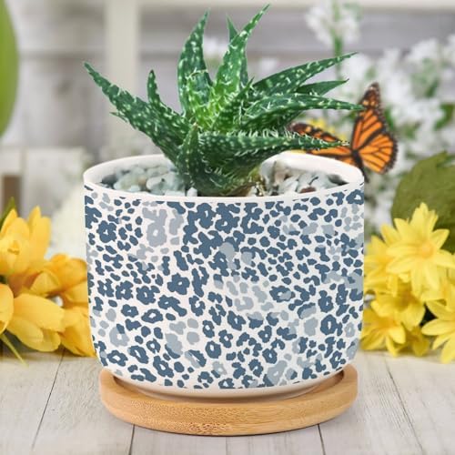 Leopard Dot Planter Ceramic Blue African Tribal Round Plant Pots with Drainage Holes and Bamboo Tray Pot for Succulents Cactus Garden Windowsill - Image 6