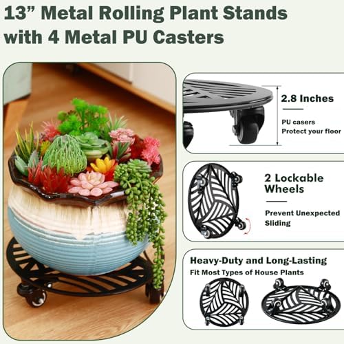 2 Packs Large Metal Plant Caddy with Wheels 13” Heavy-Duty Iron Wheeled Rolling Plant Stands with Casters Indoor Outdoor Plant Pot Roller Base Plant Saucer Movers Black, Strong Load Capacity - Image 2