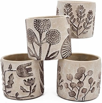 Set of 4 Botanical Cement Planters, 4.3 Inch, Gray and Brown - Image 3