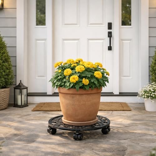 3 Pack Plant Caddy with Wheels, PlanterHoma 14 Inch Metal Plant Stand with Wheel Heavy Duty Wrought Iron Planter Dolly Rolling Stand Plant Roller with Caster for Indoor and Outdoor with 3 Pack Saucers - Image 4