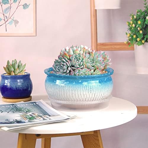 8 Inch Succulent Pot with Drainage and Saucer Glazed Terracotta Round Ceramic Succulent Planter Cactus Bonsai Plant Pot (Light Blue) - Image 4