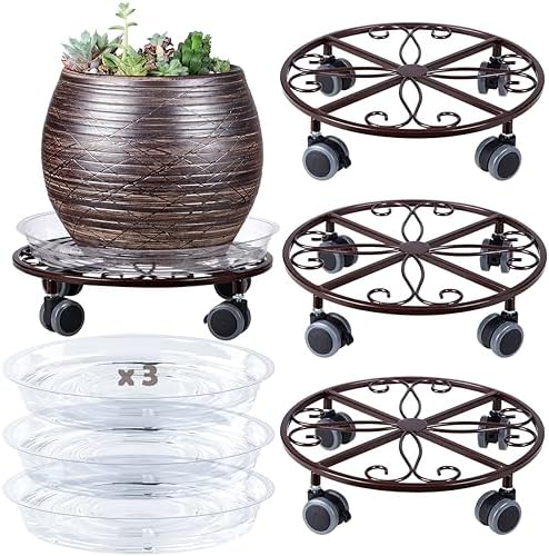 3 Pack Plant Caddy with Wheels & Saucers, Heavy Duty 13.5 Inch Metal Plant Stand with Wheels, Plant Dolly Rolling Plant Stand Plant Roller with Casters for Indoor and Outdoor, Bronze by Planterhoma