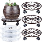 3 Pack Plant Caddy with Wheels & Saucers, Heavy Duty 13.5 Inch Metal Plant Stand with Wheels, Plant Dolly Rolling Plant Stand Plant Roller with Casters for Indoor and Outdoor, Bronze by Planterhoma