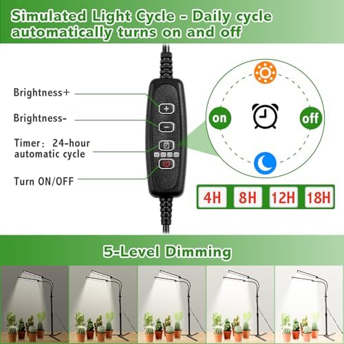 Grow Lights for Indoor Plants, Full Spectrum LED Tabletop Plant Lights for Indoor Growing, Dual-Head Gooseneck Plant Lamp with 5 Dimmable & Auto On/Off 4/8/12/18H Timer, Height Adjustable 9.8-25'' - Image 3