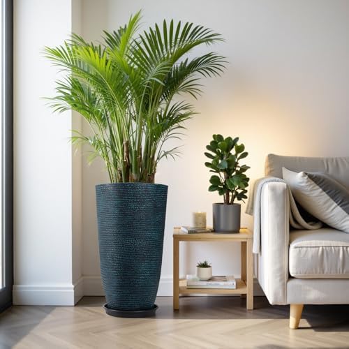 QCQHDU Set of 2 Large Tall Blue Planters with Saucer - 9 Gallon 12" Diameter x 21" H Faux Stone Round Pots for Indoor Plants, Outdoor Patio & Porch Decor, Heavy Duty Weatherproof Plant Containers - Image 7