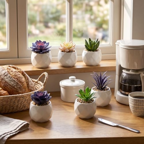 MyGift Blue & Green Artificial Succulent Plants, Ceramic Pots, Set of 6 - Image 5