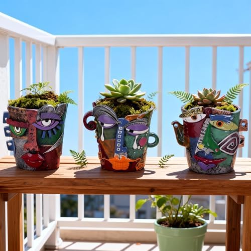 Mini Face Planters 3PC Set – Unique Resin Art Flower Pots for Succulents, Cacti & Small Plants – Decorative Funny Plant Pots for Indoor & Outdoor, Face Planter Gift, Picasso‑Inspired - Image 2