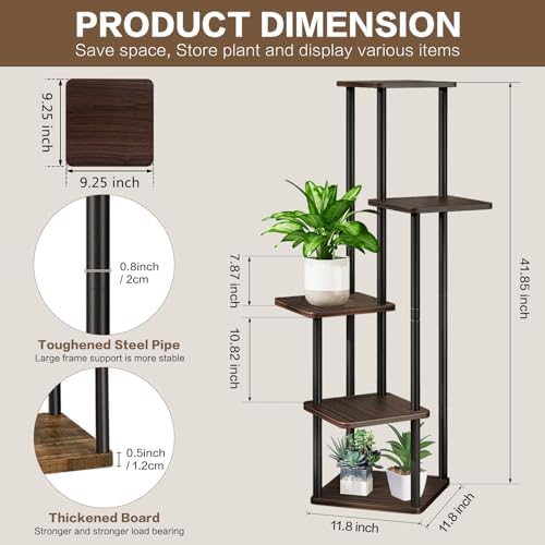 5 Tier Plant Stand Indoor, Thickened Metal Wood Corner Plant Shelf Stands for Multiple Plants, Indoor Tall Plants Stand Tiered Flower Holder for Living Room Patio Garden Balcony(Black+Oak) - Image 2
