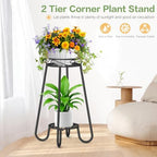 2 Tier 27.2 Inch Tall Corner Plant Stand Indoor Outdoor, Black 4 Leg - Image 3