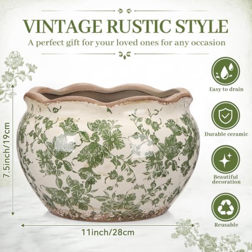 Geetery Ceramic Planter Pot 11 Inch Round Plant Pot, Vintage,Green,Large - Image 2