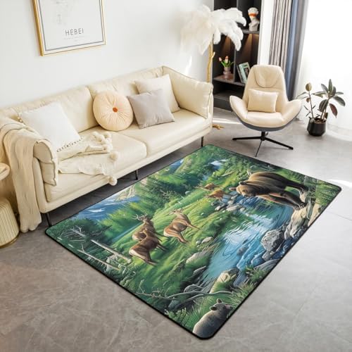 Erosebridal Woodland Bear Deer Area Rug 4'11" x 3'3" River Mountains Birds Living Room Rugs Wildlife Elk Natural Plants Decorative Carpet Landscape Green Blue Indoor Floor Mat by Erosebridal