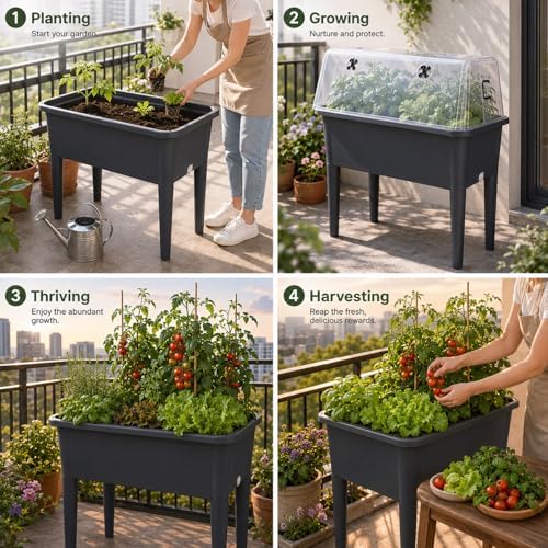 Self-Watering Raised Garden Bed Planter with Greenhouse Cover and Removable Legs, Elevated Plastic Planter Box for Outdoor Patio, Balcony, Indoor Herb Gardening (Dark Gery) - Image 6