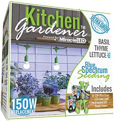 Miracle LED Kitchen Gardener 2-Socket LED Grow Light Bulb Kit with Blue Spectrum Starting Ultra Grow Bulbs Replacing 150W and 3' Fixture (2-Pack - 2 Fixtures, 4 Bulbs), 601878 by Miracle+LED