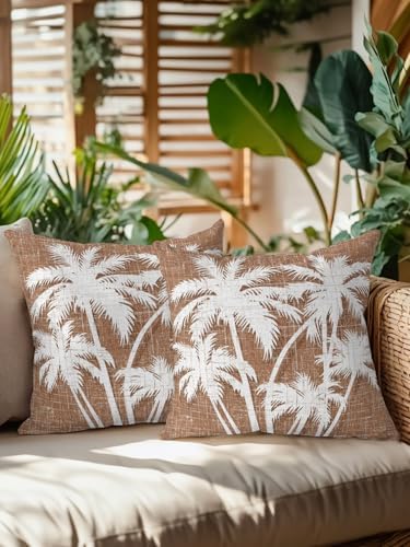 Tropical Palm Tree 18x18 Waterproof Outdoor Throw Pillows Set of 2 with Inserts, Vintage Brown Exotic Botanical Plants Patio Decorative Cushions for Outdoor Sofa Porch Garden Furniture - Image 2