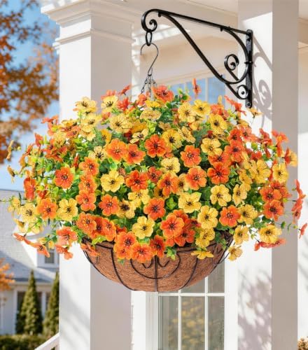 HyeFlora Artificial Fake Hanging Mums Plants Flowers Basket for Fall Autumn Outdoor Decor, Faux Silk Orange Dasiy Flower Look Real UV Resistant for Outside Porch Home Patio Garden Decoration by HyeFloraartificialflowers