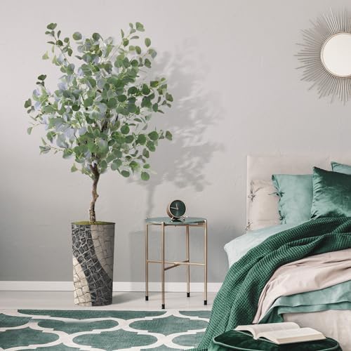 Artificial Tree in Geometric Pattern Planter, Fake Eucalyptus Silk Tree for Indoor and Outdoor Home Decoration - 66" Overall Tall (Plant Pot Plus Tree) - Image 5